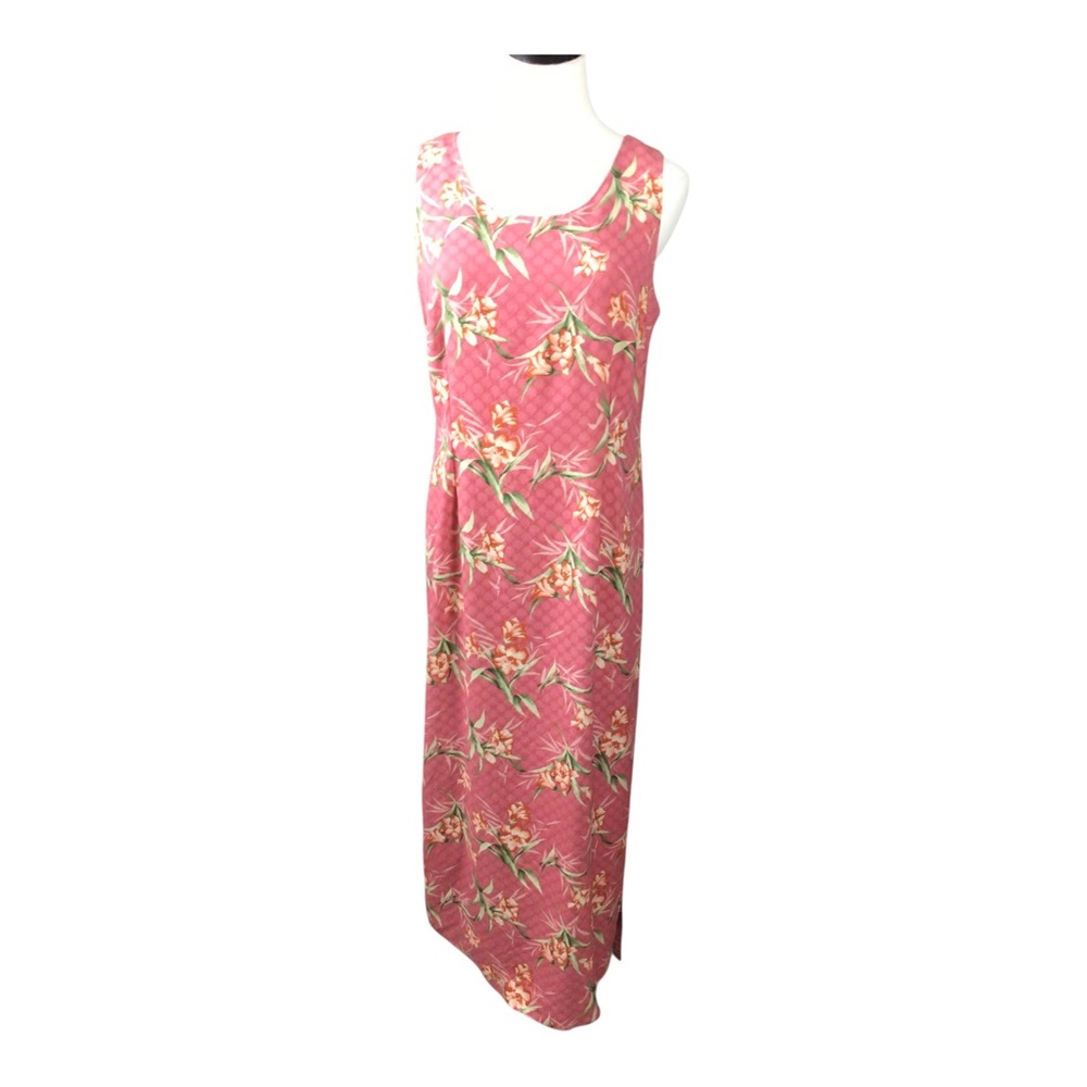 Hilo Hattie Hawaiian Sleeveless Pink Floral Maxi Dress Sz 12 100% Silk
